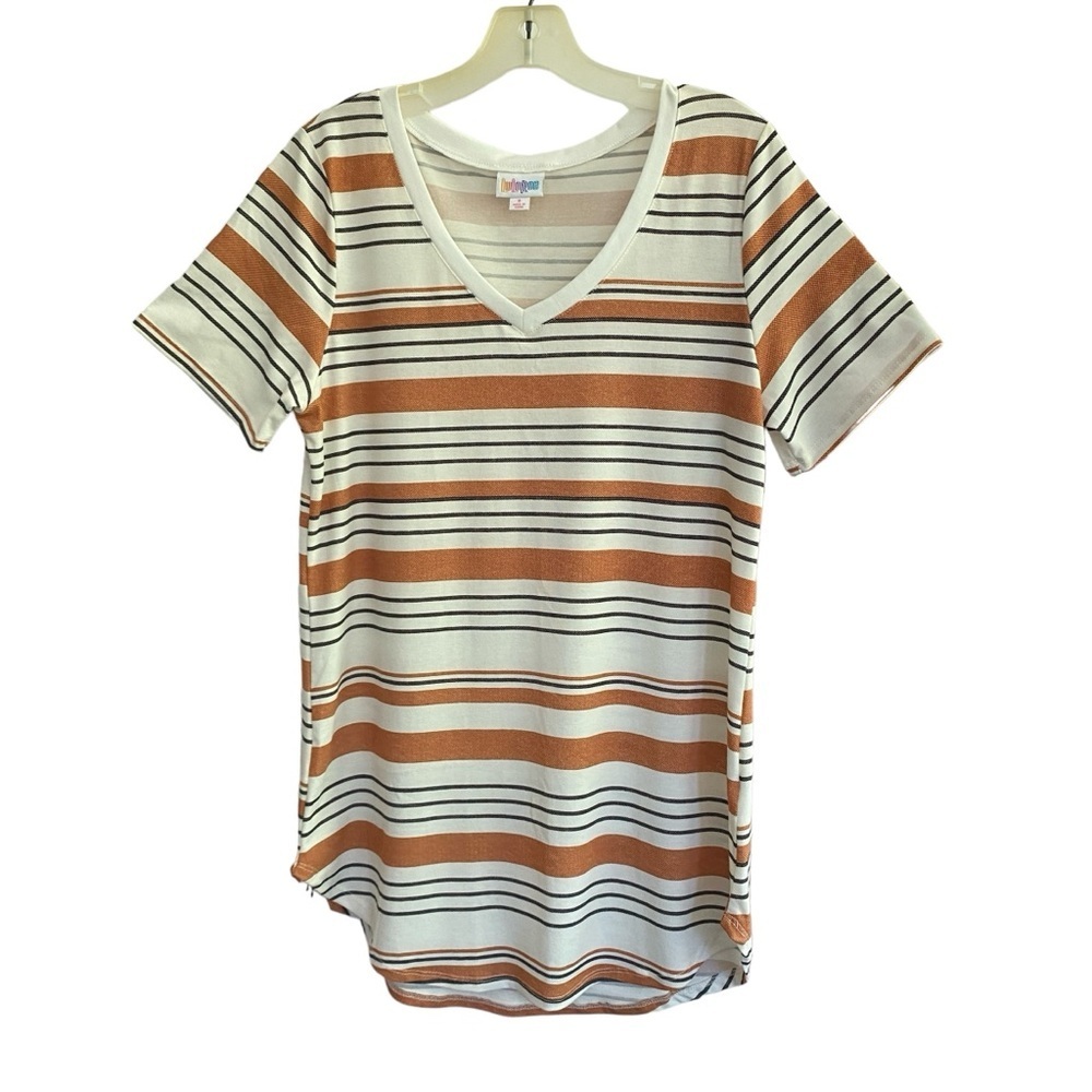 LulaRoe IRIS V-Neck Cream Orange Striped Tee Hi-Low Hem Size SMALL